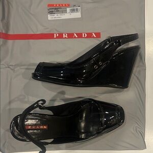 Prada Women's Glossy Patent Black Slingback Wedges - Size 8